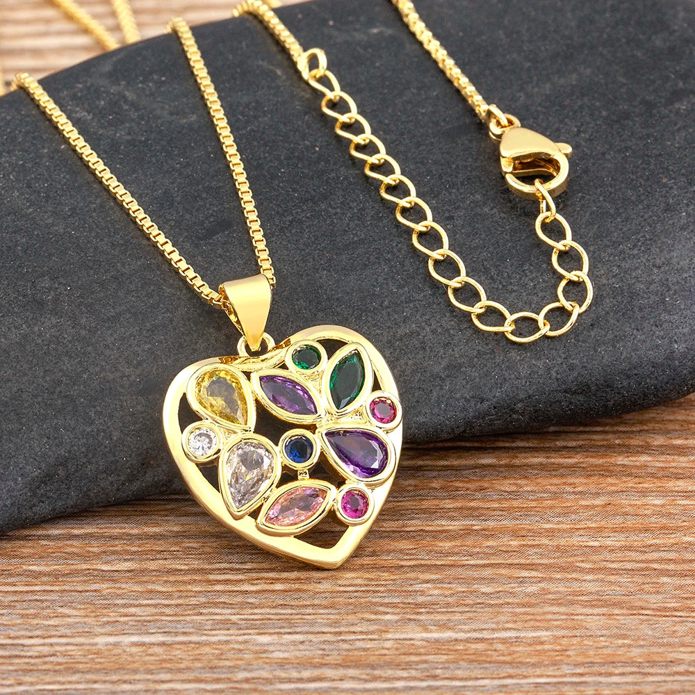 QIKU Fashion Heart Shape Colorful Rhinestone Necklace Women Jewelry Copper Cubic Zircon Neck Chain Jewelry Party Gift Wholesale