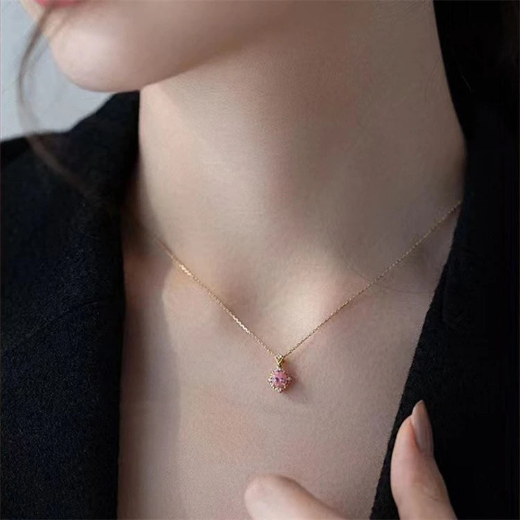 2026 TRENDY Girls Custom Sterling Silver pink Zircon Stone Chain Necklace