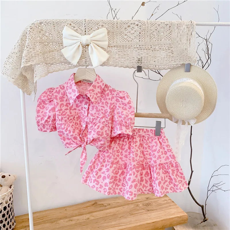 2025 Spring/Summer New High-Waisted Top and Skirt Set for Girls Quality Pink Leopard Print