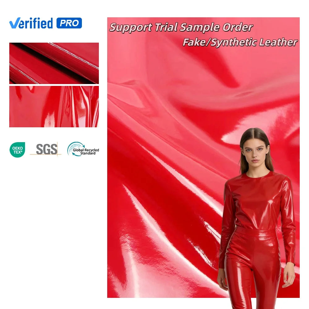 Faux Leather Fabric PFAS FREE  Patent Shiny Pu Leather Garment Fabric High Spandex Roll Packing Finished Leather Fabric