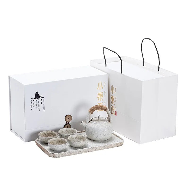 Retro Style Ceramic Kung Fu Tea Maker Set with Tray Wholesale Logo Printing for Coffee and Tea Teapot and Teacup Gift Set