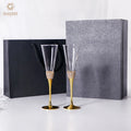 Gold Diamond Stemmed Champagne Flutes Wedding & Celebration Pair Glasses with Gift Box