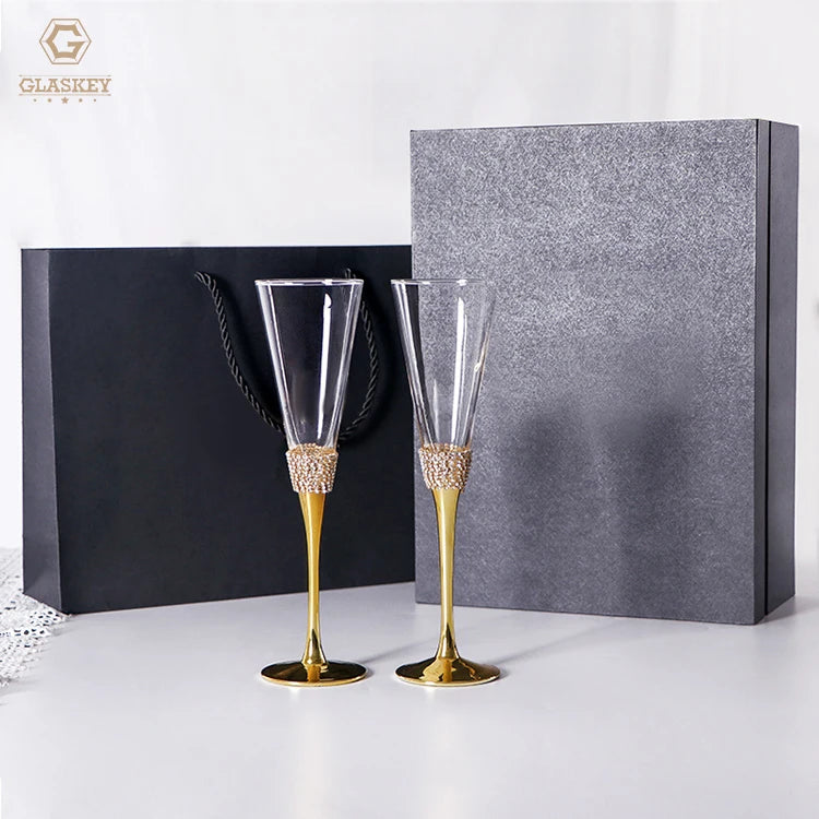 Gold Diamond Stemmed Champagne Flutes Wedding & Celebration Pair Glasses with Gift Box