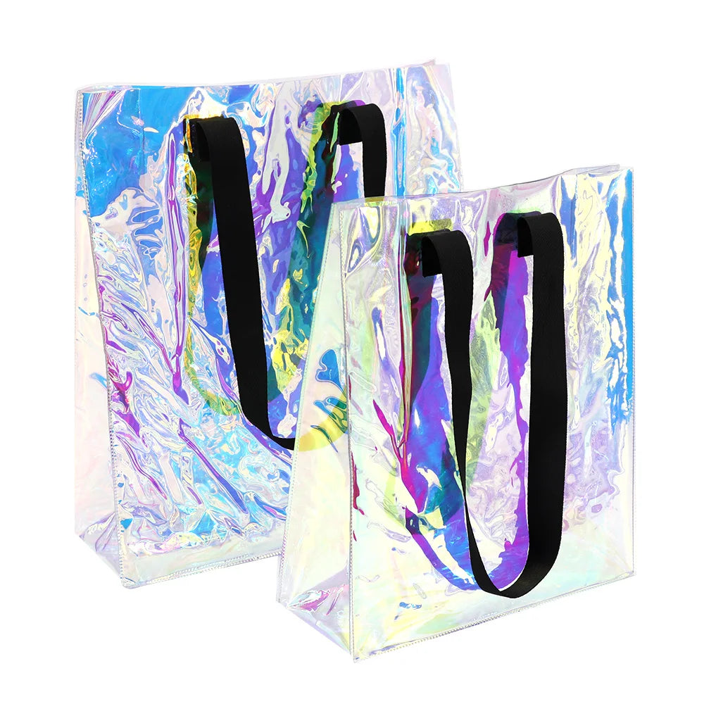 Wholesale Transparent Holographic Bag with Nylon Webbing Handle Fashion Clear PVC Tote Bag for Women