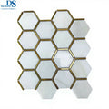 Stone Hexagonal Honeycomb Brass Inlay White Marble Mosaic Tile New Design Brush Gold Stainless Steel Parquet Feature 8mm Wall