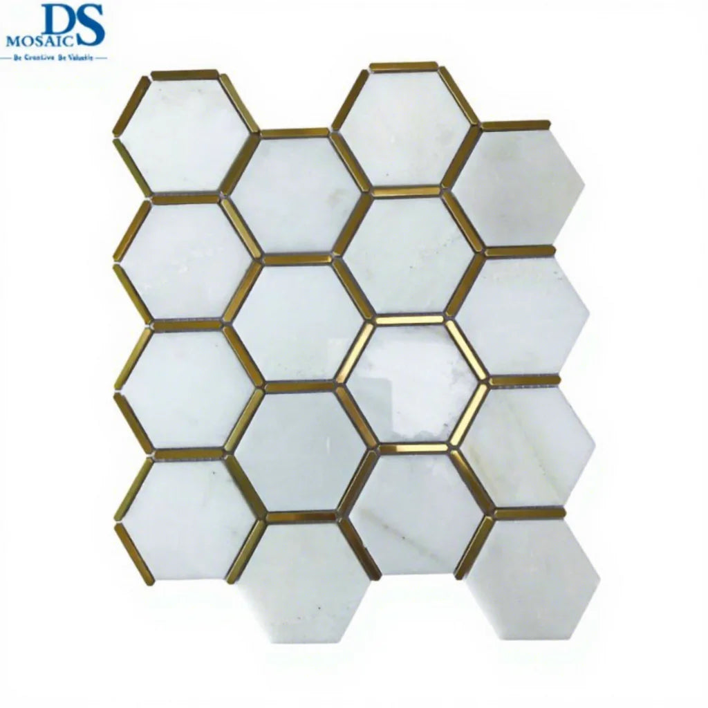 Stone Hexagonal Honeycomb Brass Inlay White Marble Mosaic Tile New Design Brush Gold Stainless Steel Parquet Feature 8mm Wall