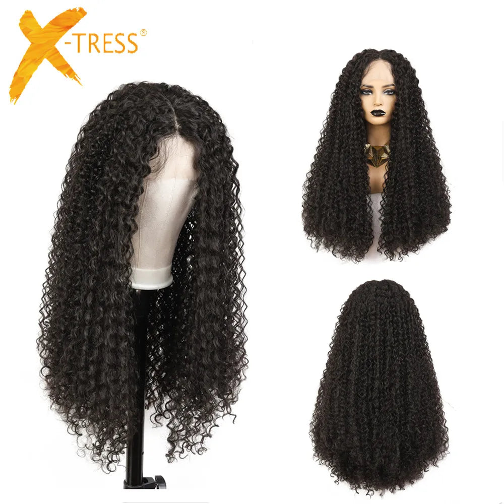 X-TRESS Cheap Synthetic Hair Curly Wig With Middle Part 4"x1cm Lace Frontal Hair Wigs for Black Women Natural Hair Wigs