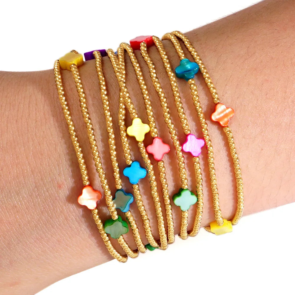 Bohemia Friendship Bracelet for Women Trendy Gold Beaded Stacking Bracelet with Brass Clover and Shell Charm