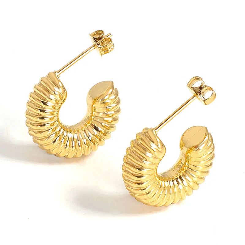 Stainless Steel Stylish Waterproof Jewelry PVD 18K Gold Plated Small Hollow Out Croissant Dome Hoop Stud Earrings