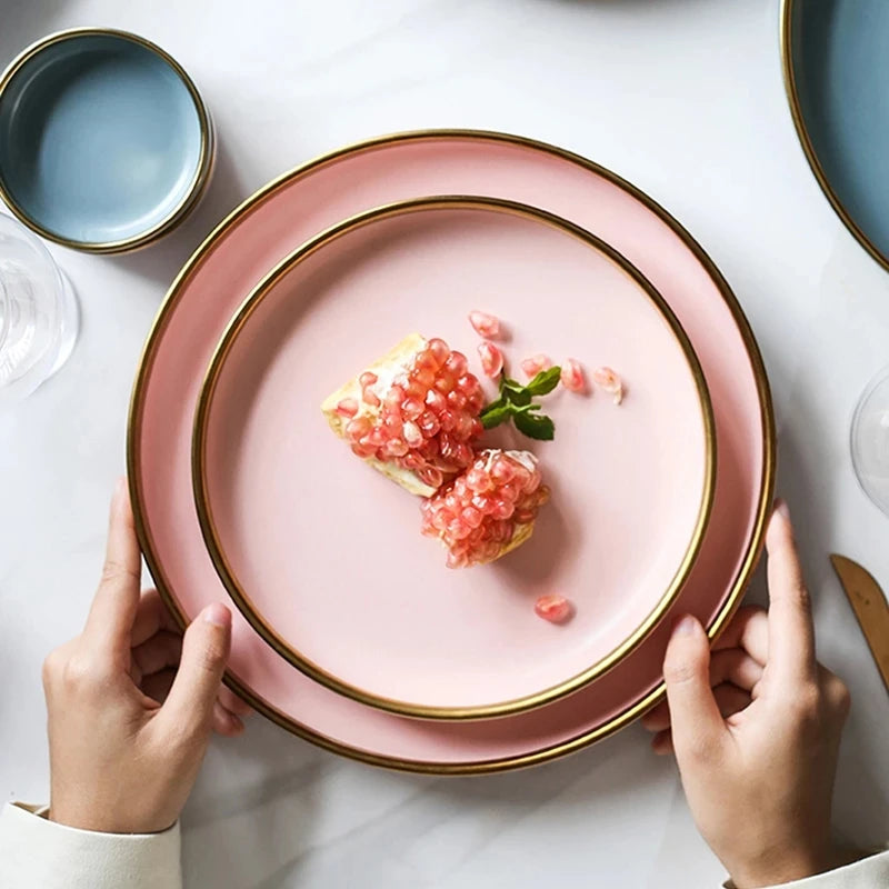Porcelain Bowl Solid Color Dinner Ceramic Plate With Gold Rim