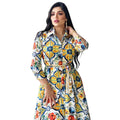 Pretty Girl Western Style Maxi Abaya Floral Print Luxury Dubai Big Hem Ethnic Style Skirt with Belt Long Sleeve