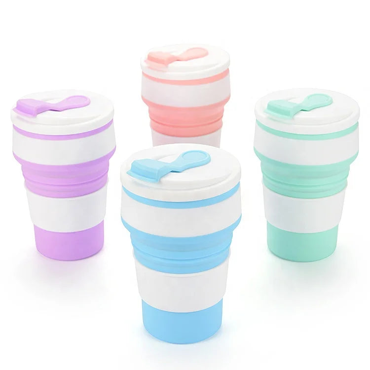 Portable Expandable Lid Travel Drinking Coffee Cup Collapsible Silicone Water Bottle Cup