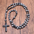 New Map Jasper Natural Stone with Hematite Cross Long Necklace Beaded Man Chain Necklace Catholic Christ Man Rosary Prayer Bead