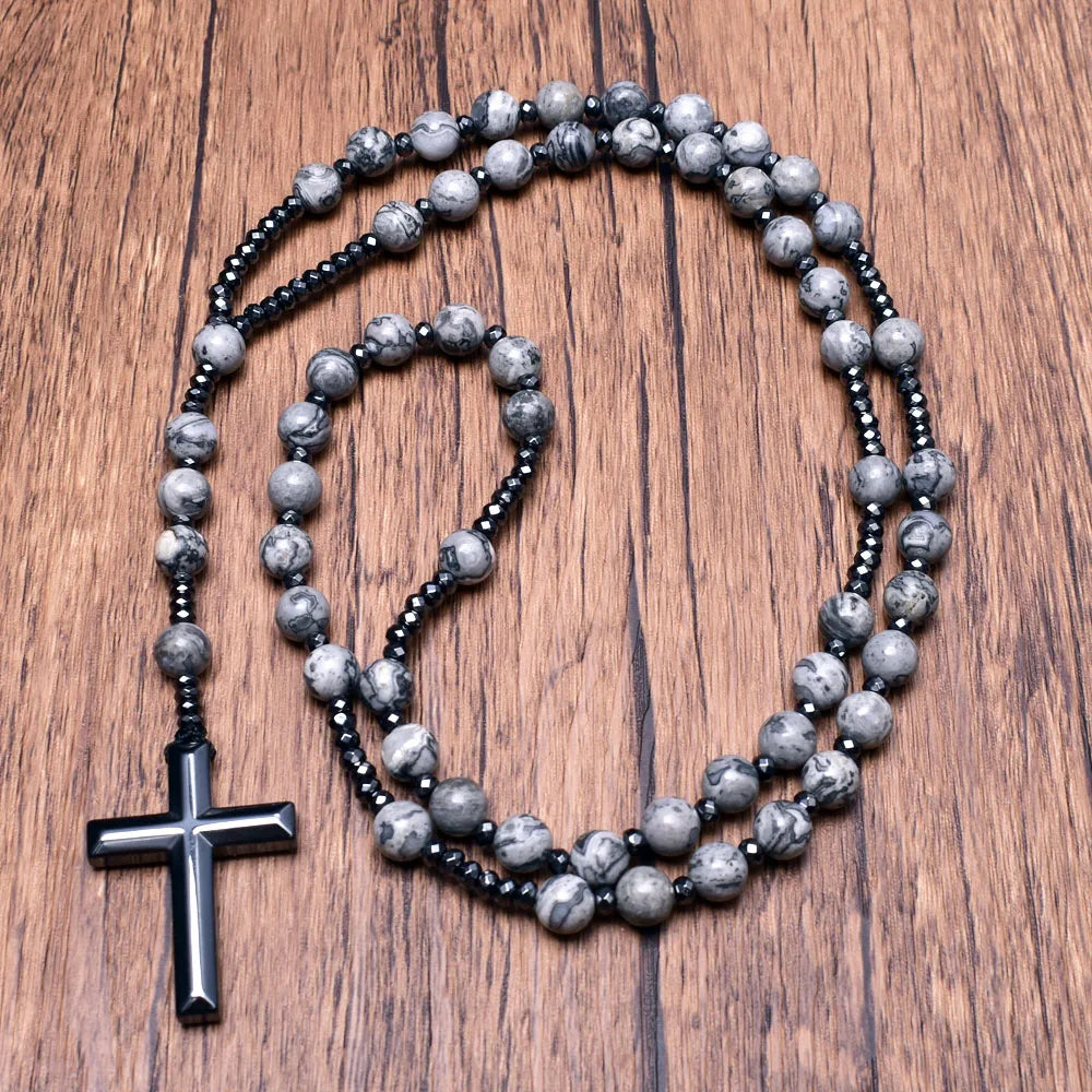New Map Jasper Natural Stone with Hematite Cross Long Necklace Beaded Man Chain Necklace Catholic Christ Man Rosary Prayer Bead