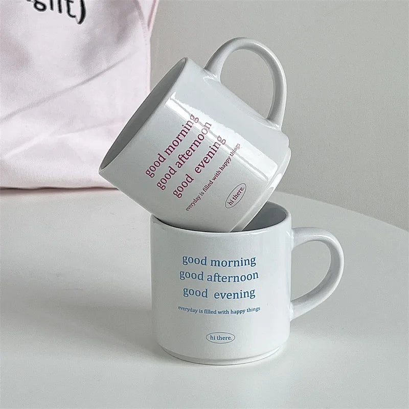 Solhui Ins Korean Style Pink Blue English Letter Ceramic Mug Simple Couple Breakfast Coffee Milk Cup
