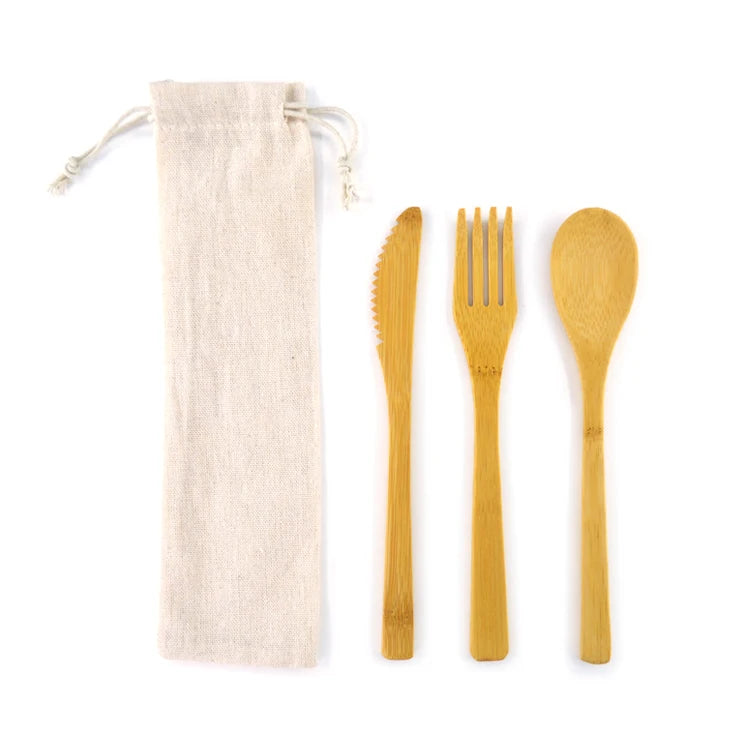 Travel Bamboo Cutlery Set of 3 with Portable Bag Sustainable Cutlery Bamboo Spoon Knife Fork
