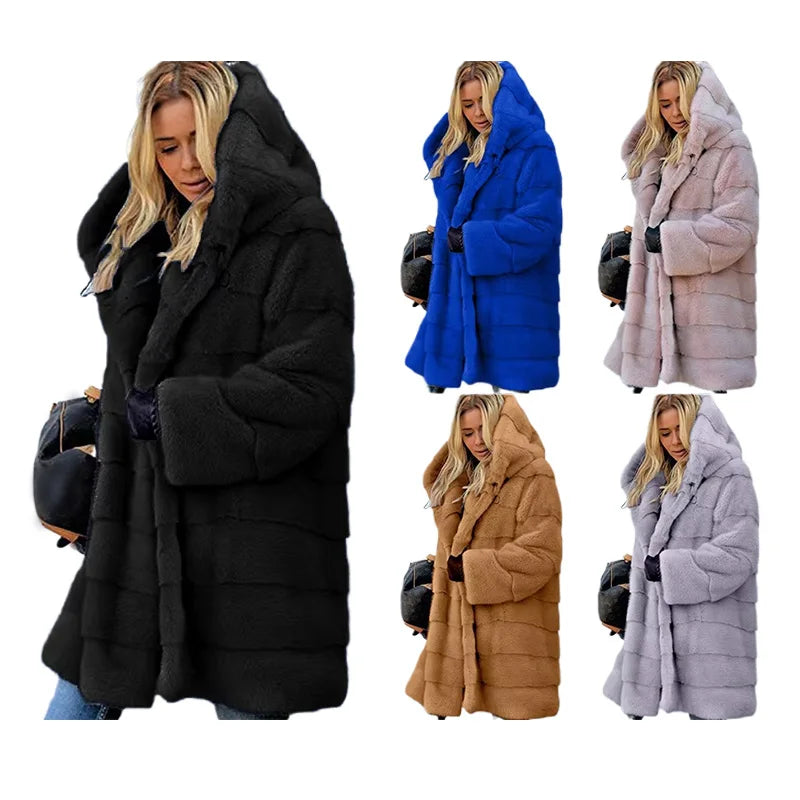 High Quality New Winter Women Casual Solid Color Long Faux Fur Coat Long Sleeve Hooded Coat Jacket for Women