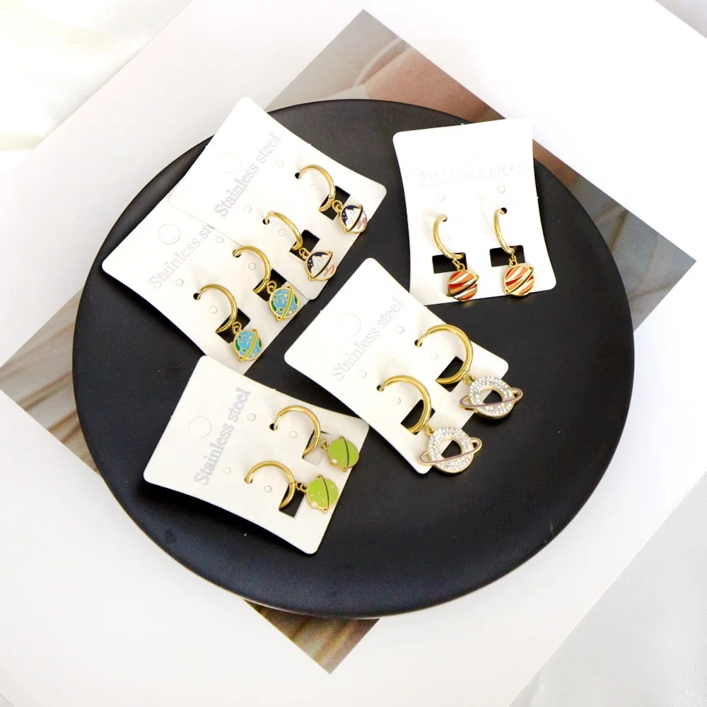 New 2022 Stainless Steel Earrings Creative Design Cartoon Planet Earrings Small Hoop Earrings