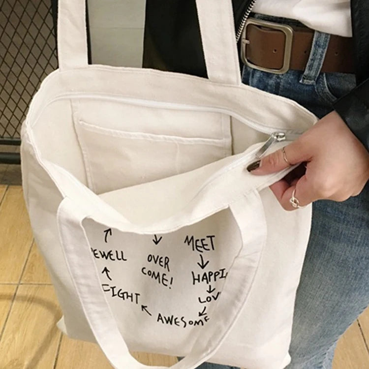Wholesale Reusable Eco Friendly Customized Designs Letter Pattern Zipper Shopping Canvas Tote Bag with Handles Custom Logo Sizes MegaBDM