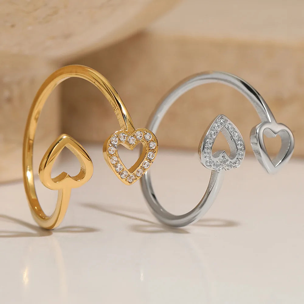 Simple Creative Stainless Steel Gold Plated Double Heart Ring with Zirconia Open Adjustable Size Trendy Style