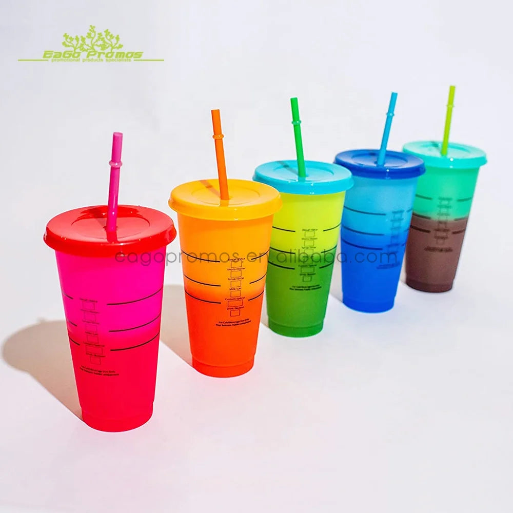 2024 2025 OEM 710ml Magic PP Reusable Cold Temperature Color Change Plastic Coffee Drinking Cup Tumbler With Lid and Straw