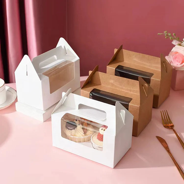2 Holes Cardboard Cake Box Birthday Wedding Cupcake Packing Boxes with Window