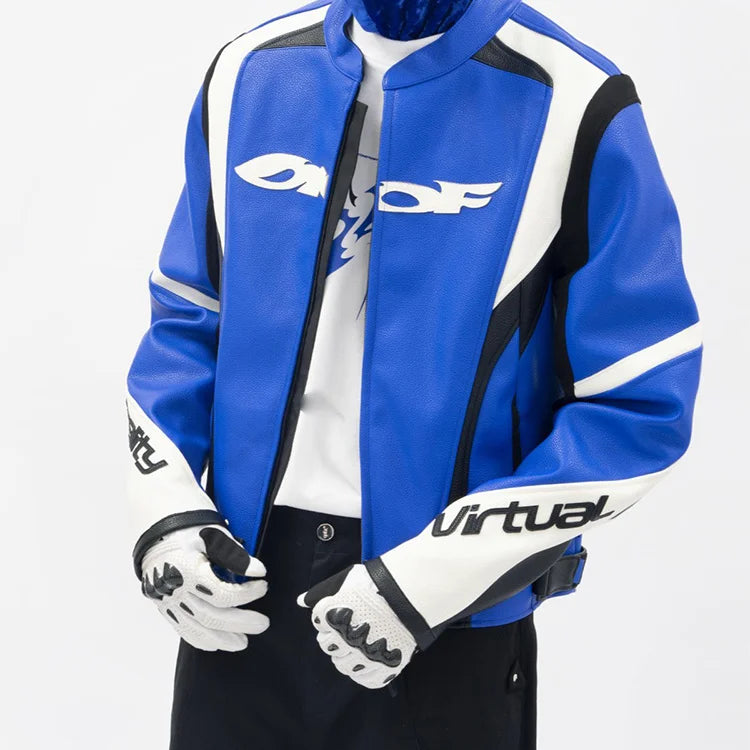 YUCHEN Custom High Quality PU Polyester Windbreak Waterproof PU Leather Racing Screen Printing and Applique Embroidery Jacket