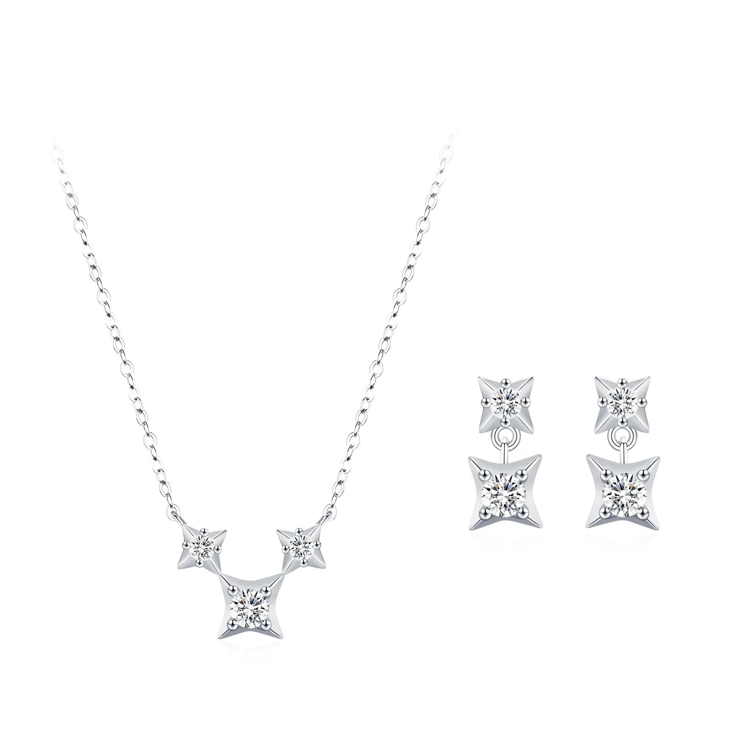 Light Luxury Fine Jewelry Set 925 Sterling Silver Sparking Four-pointed Star Earrings Necklace Two-piece Set for Birthday Gifts