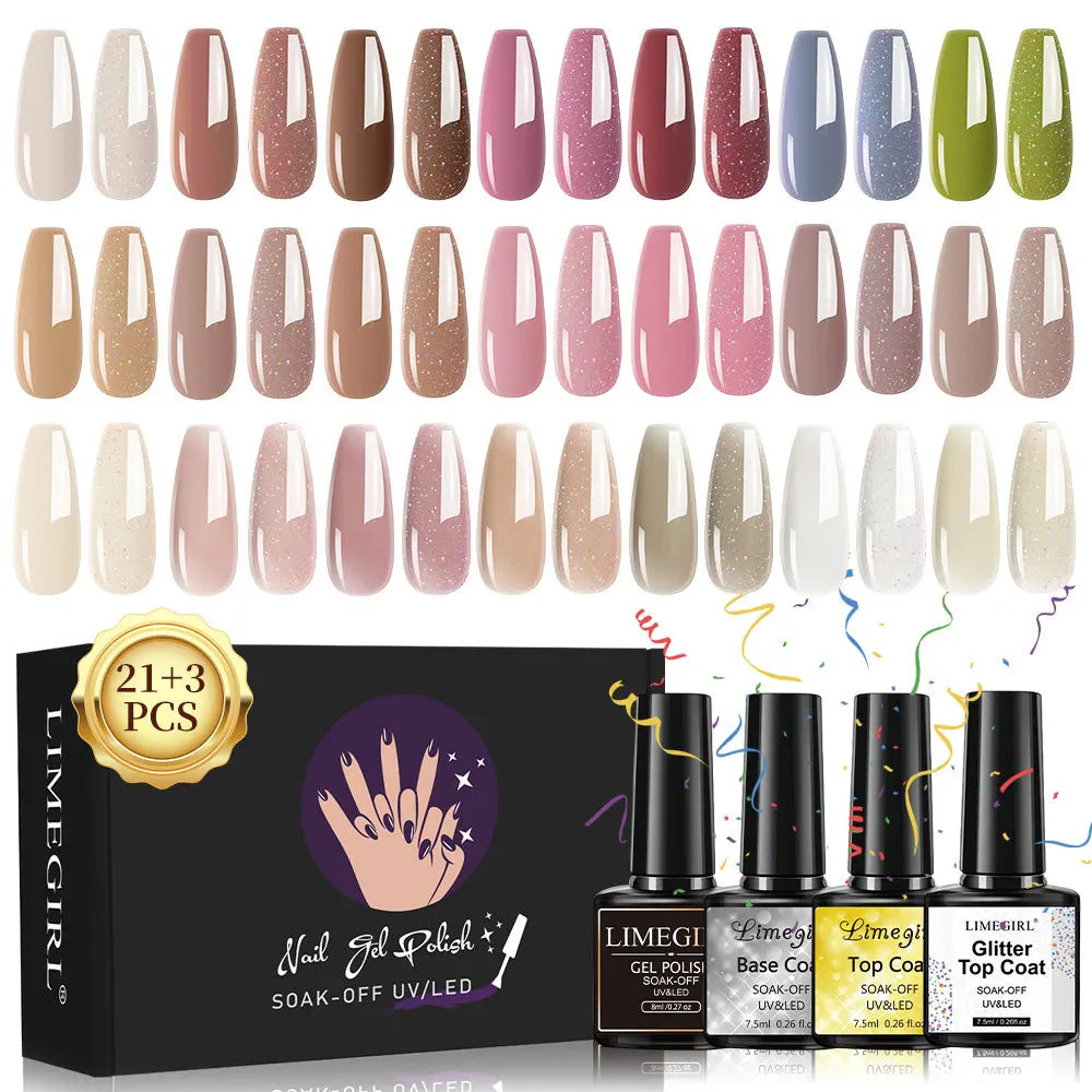 HEMA FREE 24-Colors Winter Colorful UV Nail Gel Polish Nail Art Kit With Base Coat Top Coat Glitter Top Coat