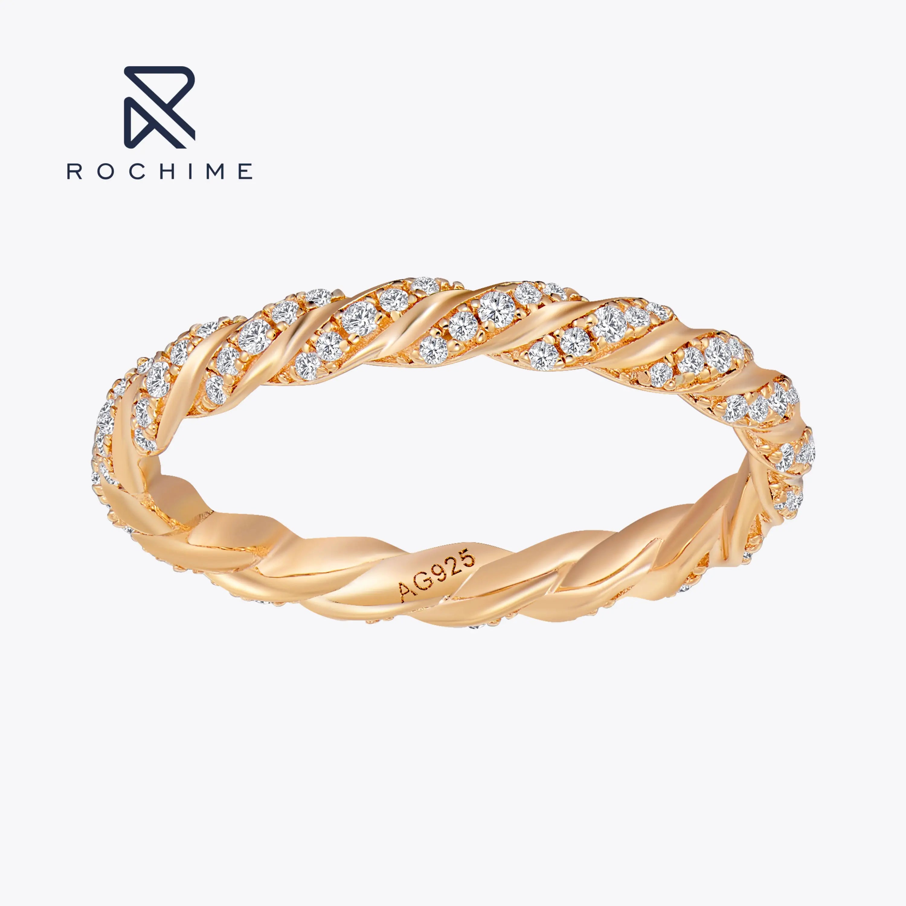 Rochime Vintage Twisted Diamond Silver Band Ring Rose Gold Plated Fashion Jewelry for Girls