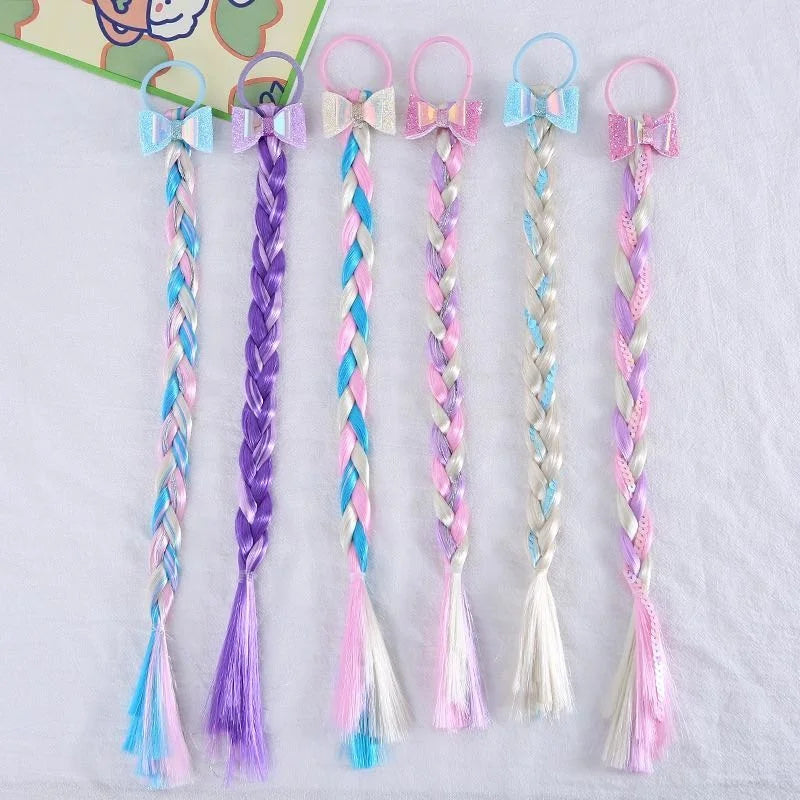 Cute Shiny Bow Kids Braid Ponytail Holder Rainbow Color Grosgrain Wig Hair Tie Sweet Girls Hair Extension