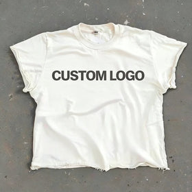 Custom Logo Screen Printed Solid Raw Edge Crop Sleeves French Terry High Street Oversized Tee 220gsm 100% Cotton T-shirts for