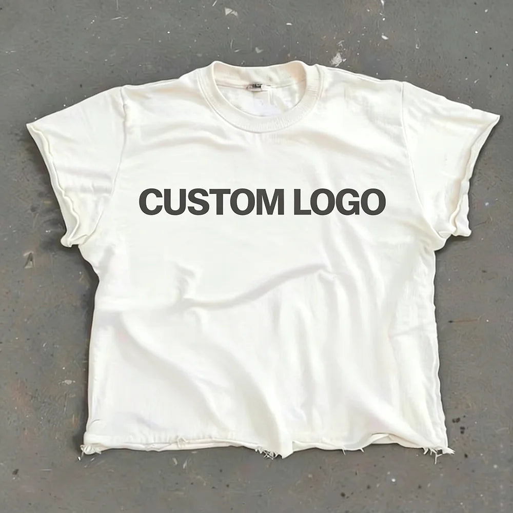Custom Logo Screen Printed Solid Raw Edge Crop Sleeves French Terry High Street Oversized Tee 220gsm 100% Cotton T-shirts for