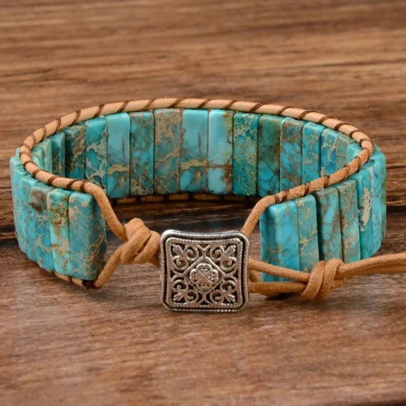 Handmade 7 Chakra Bracelet with Agate Genuine Leather Wrap and Multi-Color Natural Stone Tube Beads for Gift