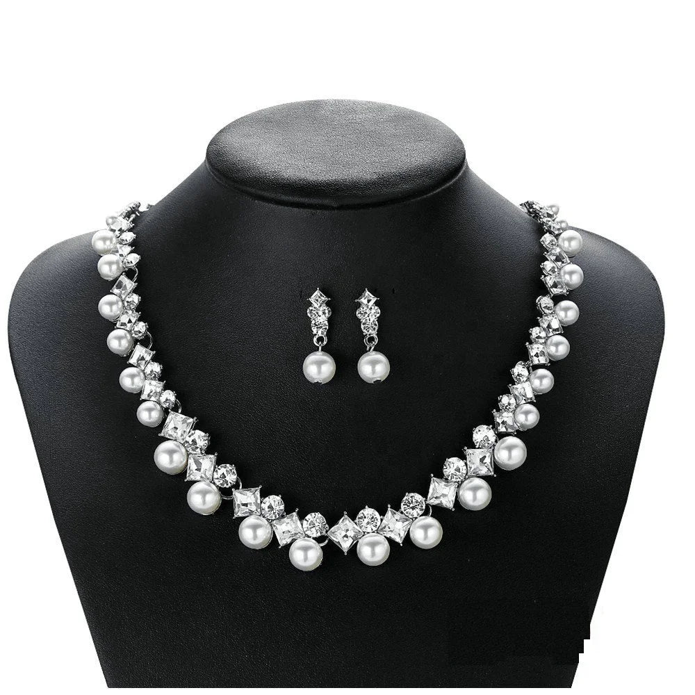 Ziming Elegant Pearl Crystal Wedding Earring and Necklace Set Luxury Bridal Earring Necklace Pack