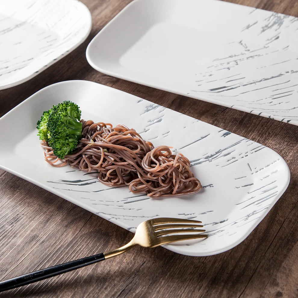 Unique Vintage White Rectangle Embossing Design Porcelain Dinner Plate Dishes Serving Rectangular Ceramic Tray