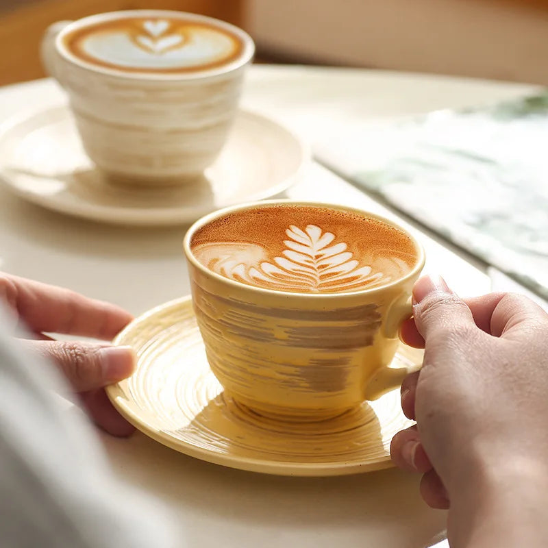 2023 Japanese Retro Relief Spiral Ceramic Mug New Trend Pottery Coffee Cup and Saucer Set Tea Cups & Saucers