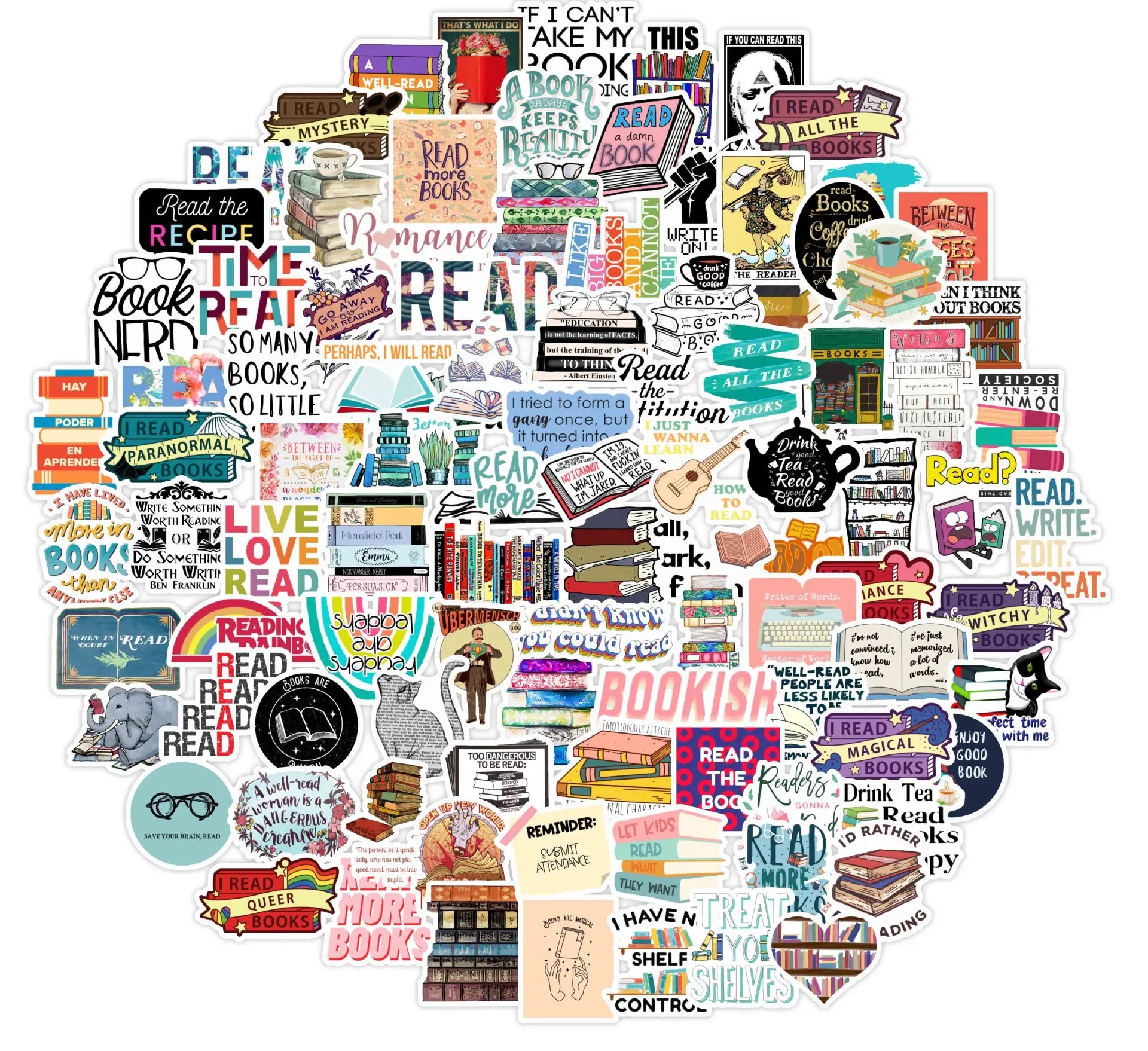 100Pcs Reading Book Motivational Graffiti Sticker for Girl Notebook Guitar Laptop Waterproof PVC Vinyl Label