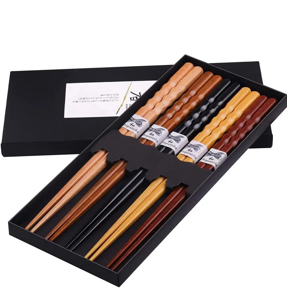 Hot Japanese Korean Chinese Style Reusable Bamboo Wooden Chopsticks High-Grade 5 Pairs Gift Set for Camping Sushi Sashimi Eating