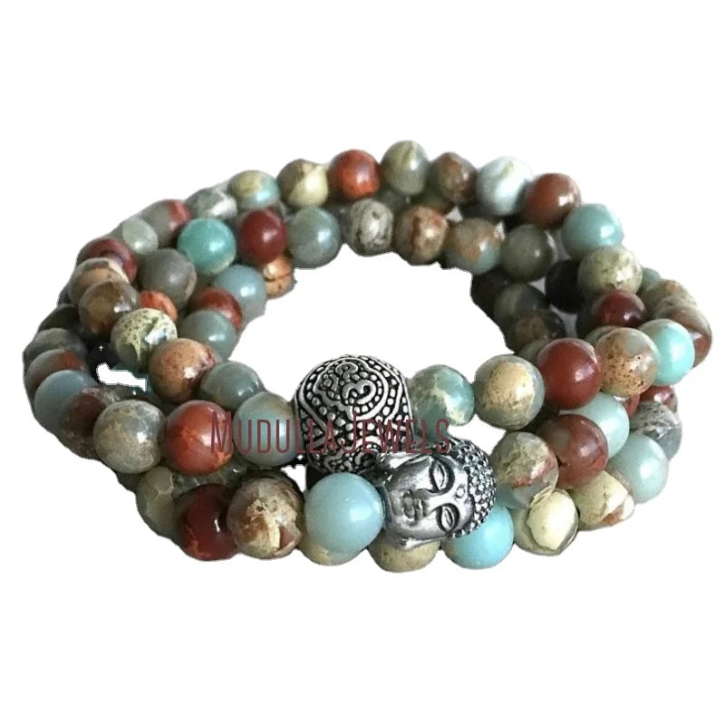 WMB18357 African Opal Beads Yoga Jewelry Mala Necklace Sterling Silver OM Buddha Wrap Bracelet 108 Mala Gemstone Prayer Beads