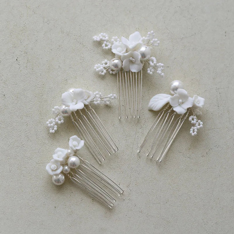 SLBRIDAL Handmade Rhinestones Porcelain Flower Pearls Bridal Hair Comb Set Wedding Hair Accessories Women Girls Hair Jewelry
