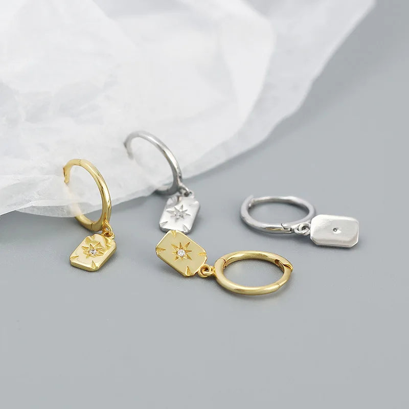 YHE0502 S925 Sterling Silver Geometric Zircon Star Hanging 18K Gold Hoop Earrings for Girls