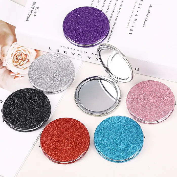 Fashion Art Deco Glittery Gold and Black Powder Custom Logo Metal Frame Glass Two-Sided Travel Pocket Handheld Makeup Mirror
