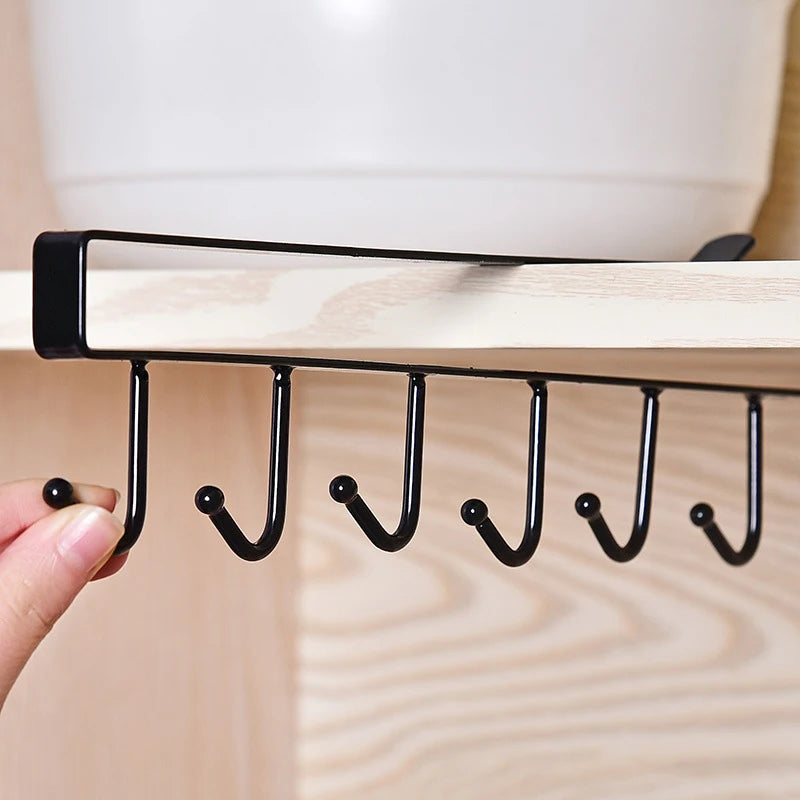 HelloWorld Multi-Purpose Hooks Cupboard Storage Hanging Kitchen Bathroom Tools 6 Hooks Cup Holder Hang Cabinet Under Shelf Organizer
