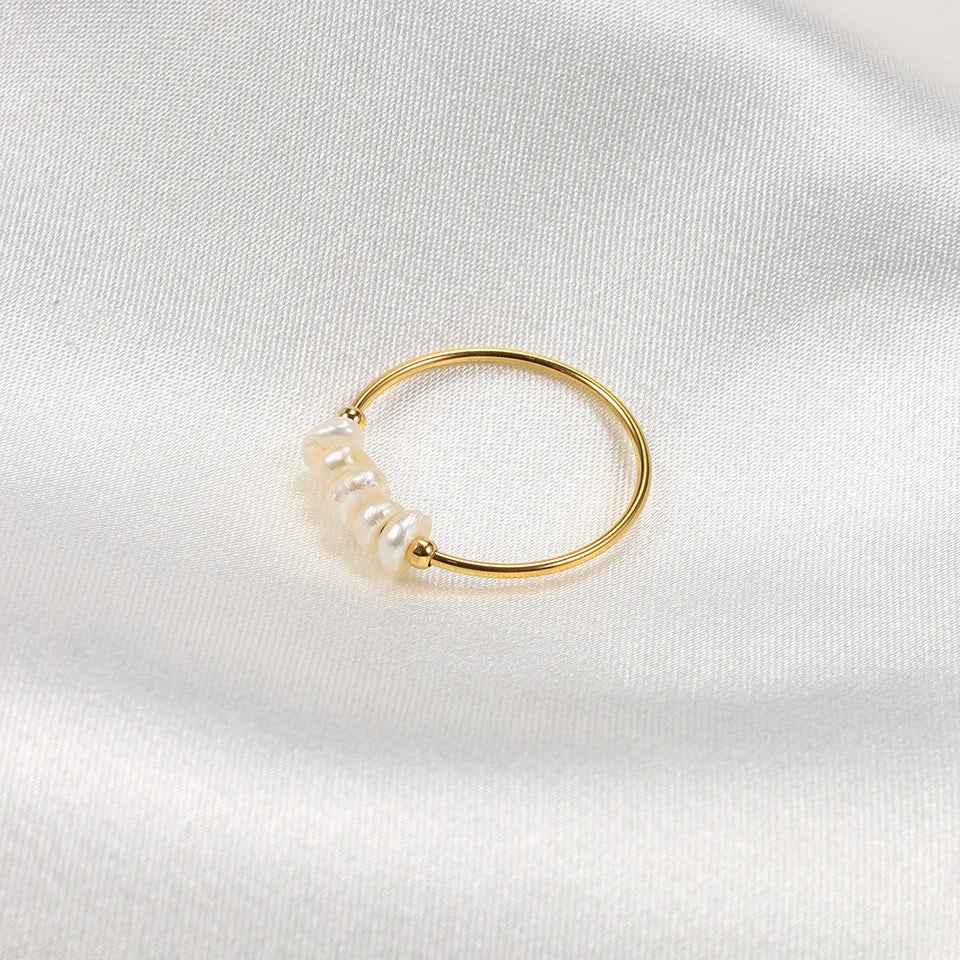 Meditation Mini Pearl Ring Gold PVD Plated 316 Stainless Steel Natural Baroque Ring for Men Women
