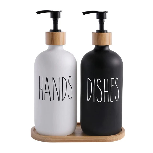 Custom Modern Kitchen 2Glass Hand Soap Dispenser SET With 1Wooden Base 500ML Refillable Soap Dispenser