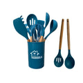 Newly Designed Color Food Grade Sustainable Durable Kitchenware Set with 12 Pieces Wooden Handle Silicone Kitchen Tools