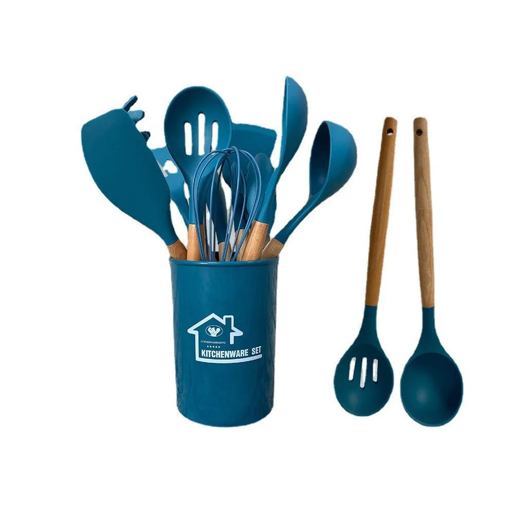 Newly Designed Color Food Grade Sustainable Durable Kitchenware Set with 12 Pieces Wooden Handle Silicone Kitchen Tools