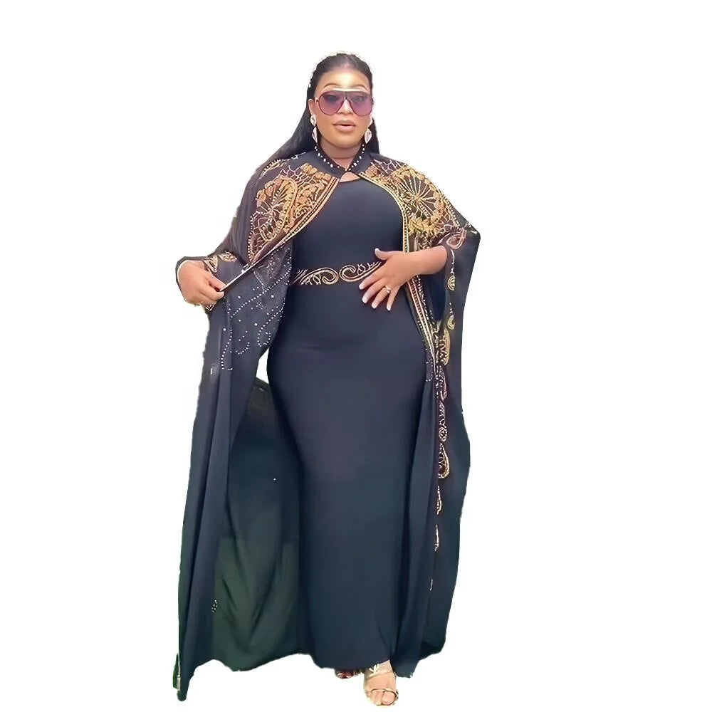 Elegance Luxury Two-Piece African American Clothing Autumn Turkey Rhine Stone Dress for Plus Size Women Summer Season MegaBDM