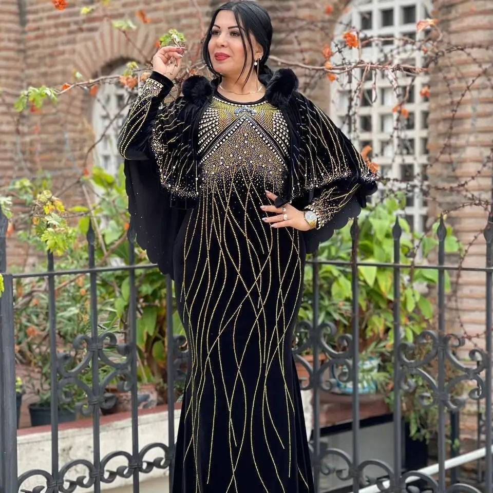 New Fashionable Heavy-work Cape Design Robe High-quality Velvet Dress Two-piece Set Plus-size Muslim Women's Robe